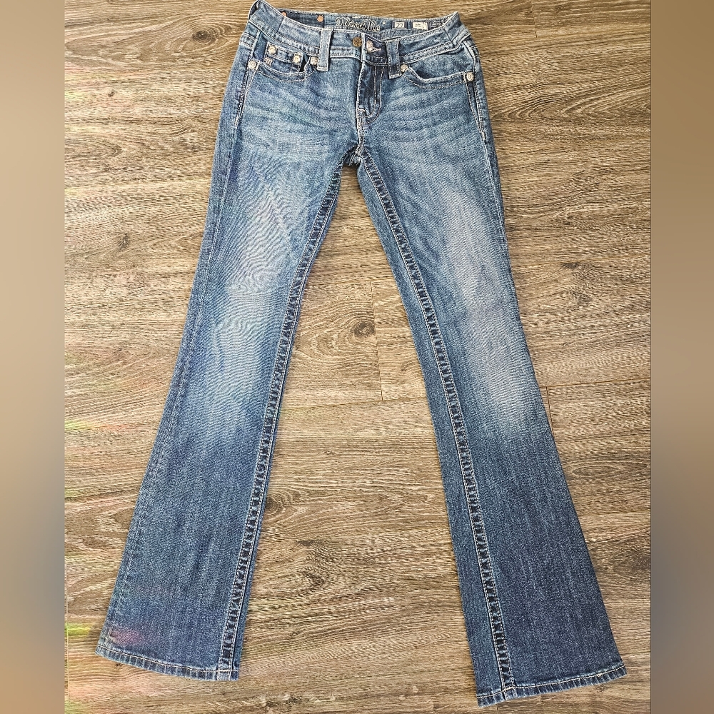 Miss Me Signature Boot Cut Jeans Embellished Flap Pockets Rhinestone Y2K Western